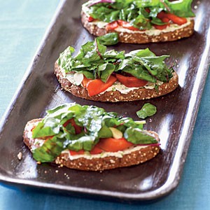 Tartines with cheese, peppers, and chard