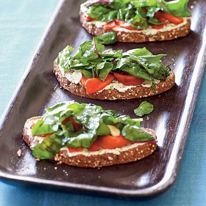 Tartines with cheese, peppers, and chard