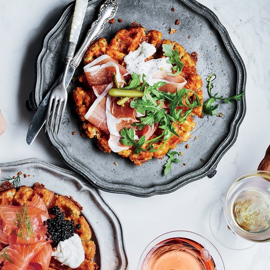 Tater Tot waffles with prosciutto and mustard