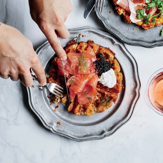 Tater Tot waffles with smoked salmon and caviar