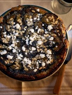 Tatin of eggplant, red onion, and pine nuts