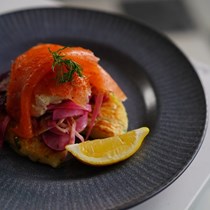 Tattie scones with smoked salmon and beetroot, radish and fennel salad