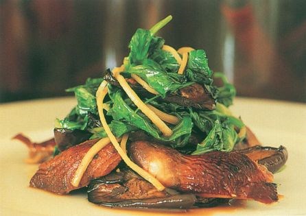 Tea and spice smoked quails with eggplant and stir-fried greens