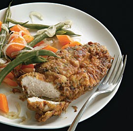 Tea-crusted fried chicken with pickled green beans and carrots