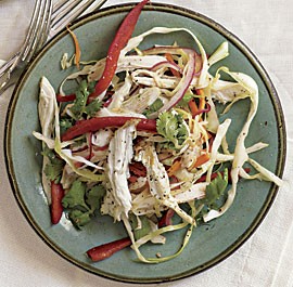Tea-smoked chicken salad with coriander and pickled red onions
