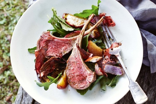 Tea-smoked lamb racks with caramelised pears