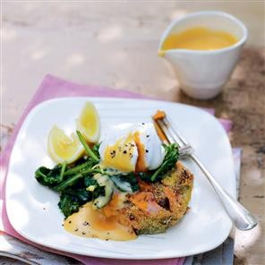 Tea-smoked salmon and coconut fishcakes with lemon hollandaise