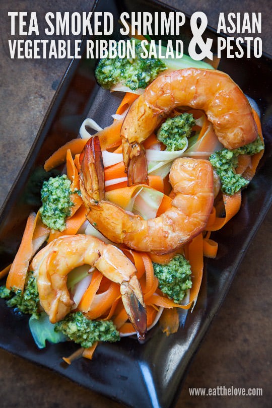 Tea smoked shrimp vegetable ribbon salad and Asian pesto recipe