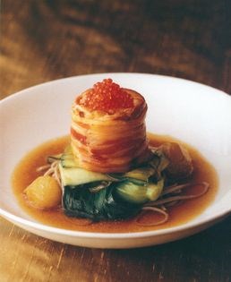 Tea-smoked Tasmanian salmon with pancetta, soba noodles, pickled cucumber and star anise broth