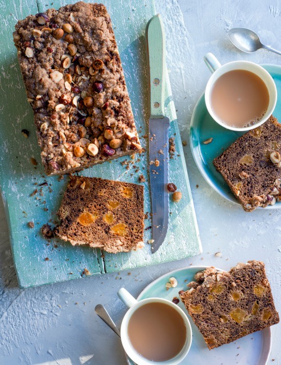 Teff, banana & apricot tea loaf with hazelnut streusel topping