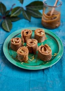 Teff pinwheels with apricot tahini and cardamom cream
