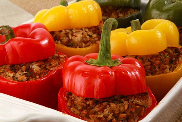 Tempeh & rice-stuffed peppers