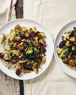 Tempeh and Brussels sprouts with sun-dried tomatoes