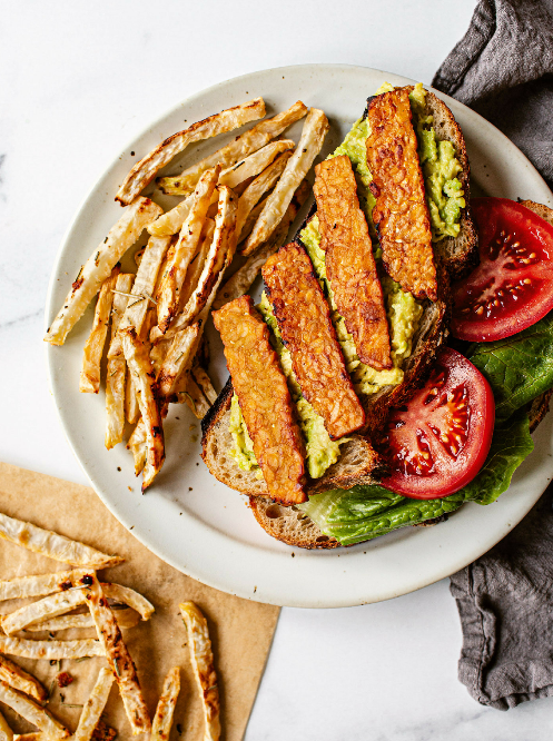 Tempeh bacon BLTA with celeriac fries