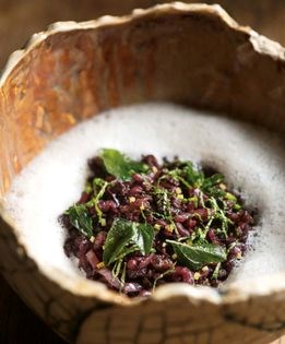 Tempranillo risotto with crispy duck and fried oregano