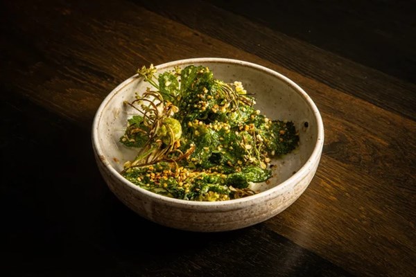 Tempura coastal herbs, whipped goat's cheese, Isle of Wight honey and a toasted hemp and hazelnut crumb