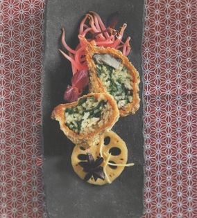 Tempura enari pocket stuffed with spinach and shiitake rice with chilli pickled bean sprouts and braised lotus root