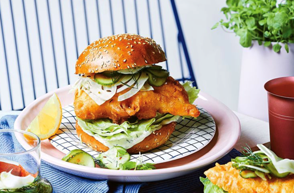 Tempura fish burger with cucumber and fennel pickle