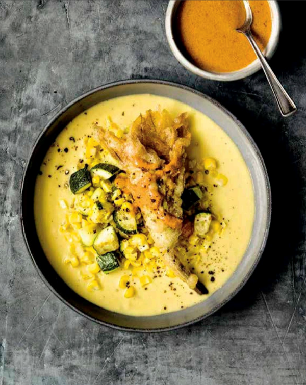 Tempura-fried squash blossoms with eggplant-almond stuffing