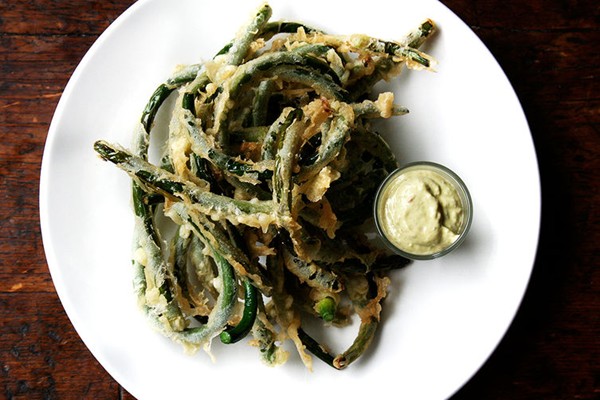 Tempura garlic scapes with garlic scape aioli