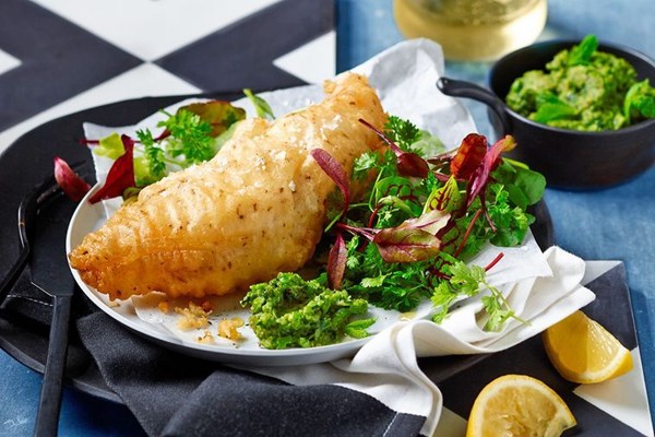 Tempura John Dory with mushy peas
