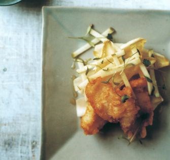Tempura of monkfish with apple and chicory salad and chilli mango relish