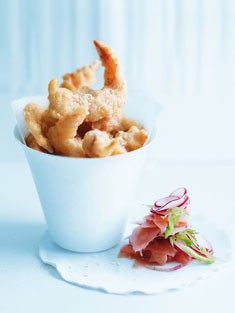 Tempura prawn bites with radish ginger salad