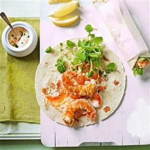 Tempura prawn wraps with minted mango yogurt