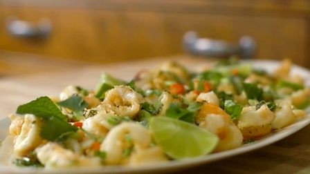 Tempura squid and prawns with Asian 'pesto'