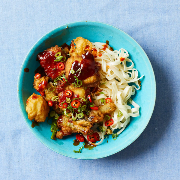 Tempura tofu and spring onions with spicy sauce