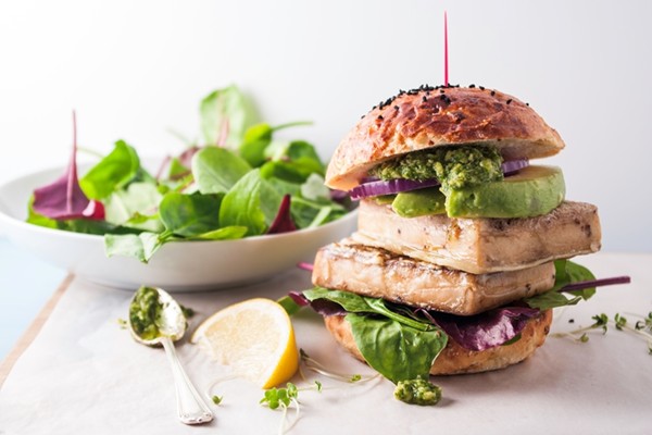 Tempura tofu steak burgers with coriander pesto