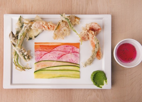 Tempura vegetables with paper of raw vegetables