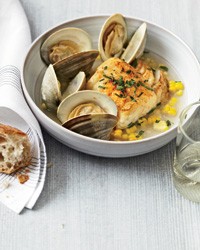 Ten-minute salt cod with corn and littleneck clams