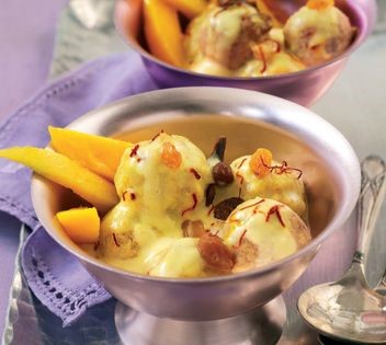 Tender cheese balls in saffron-cream sauce