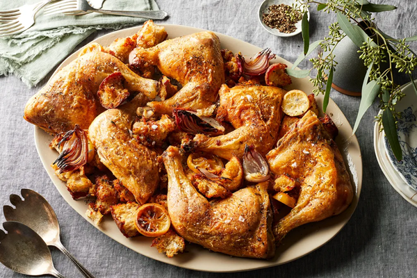 Tender chicken legs with schmaltzy croutons