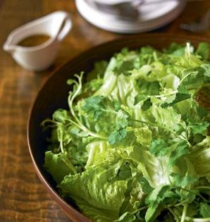 Tender greens with fresh herbs and pine nut mustard dressing (Hyangchae salad)