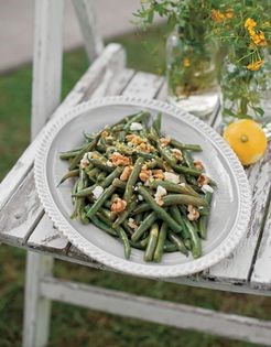Tender roasted green beans with walnuts and feta