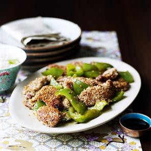 Tender sesame beef and pepper stir fry