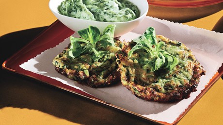 Tender zucchini fritters with green goddess dressing