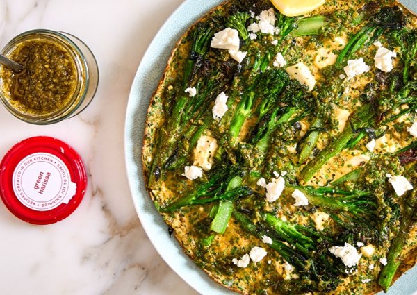 Tenderstem broccoli and green harissa stove-top frittata