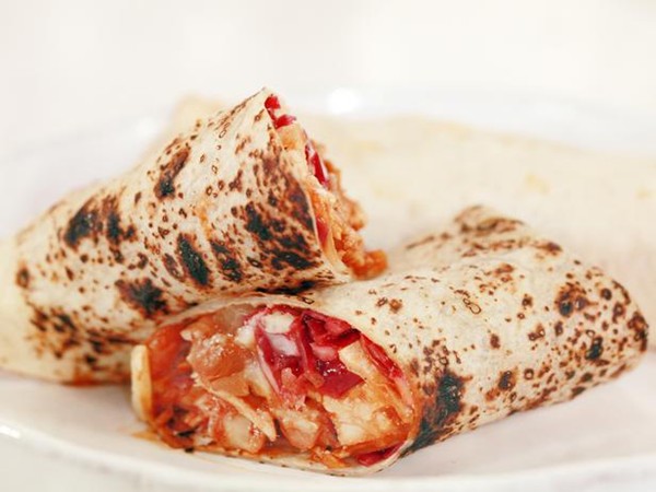 Tequila-orange BBQ chicken burritos with cheddar, baked beans & red cabbage slaw