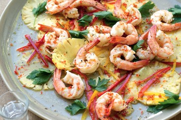 Tequila prawns with pineapple carpaccio