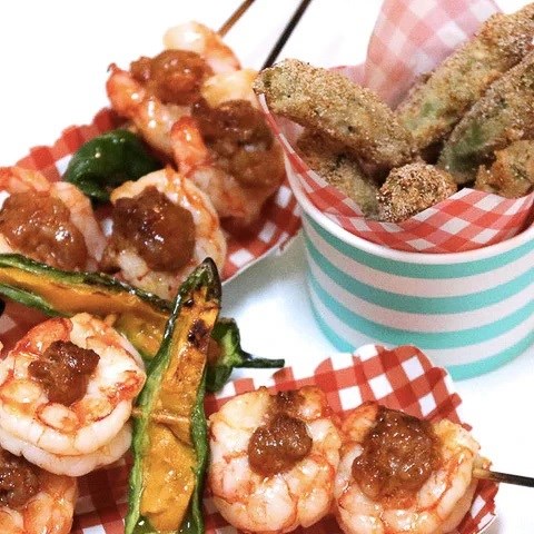 Tequila shrimp & chorizo skewers