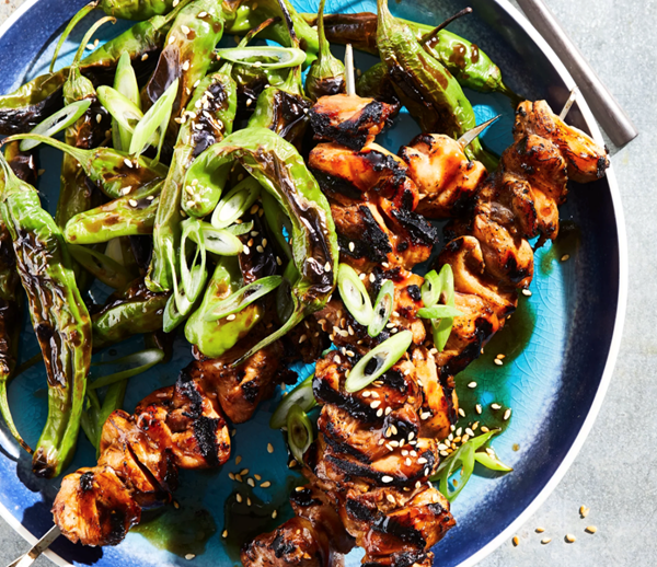 Teriyaki chicken skewers with blistered shishito peppers
