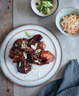Teriyaki duck with asparagus pickles