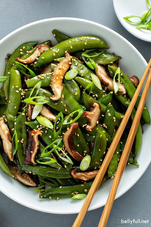 Teriyaki glazed roasted snap peas and mushrooms