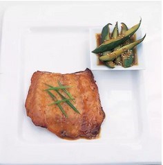 Teriyaki grilled marinated salmon with marinated cucumber and sesame salad