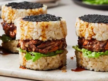 Teriyaki jackfruit and rice stacks