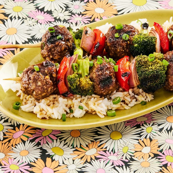 Teriyaki meatball-broccoli kebabs