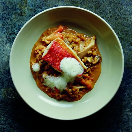 Teriyaki mushroom risotto with red mullet and lime leaf foam
